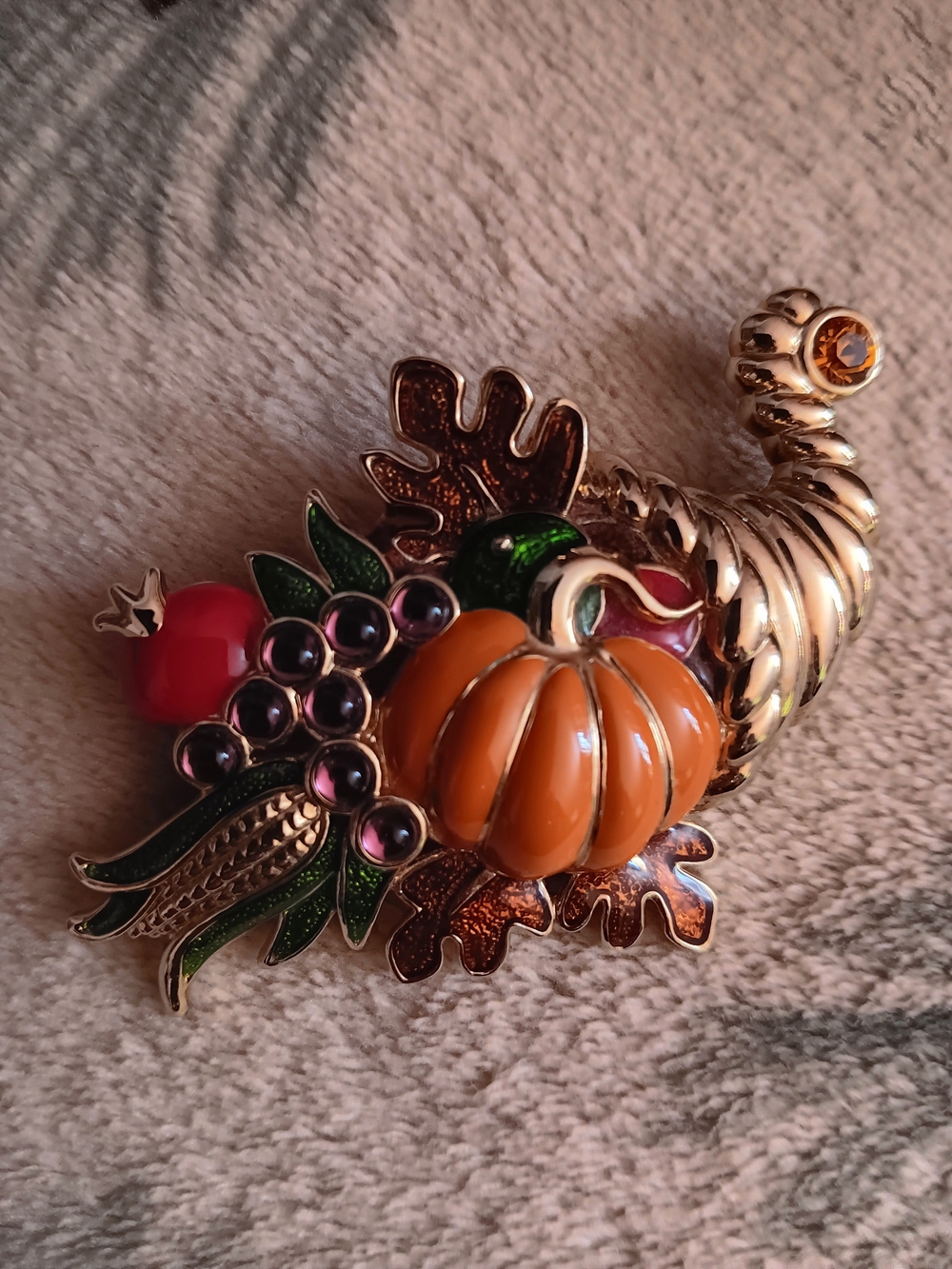 Bob Mackie Vintage Enamel Fall Harvest Thanksgiving Cornucopia Brooch